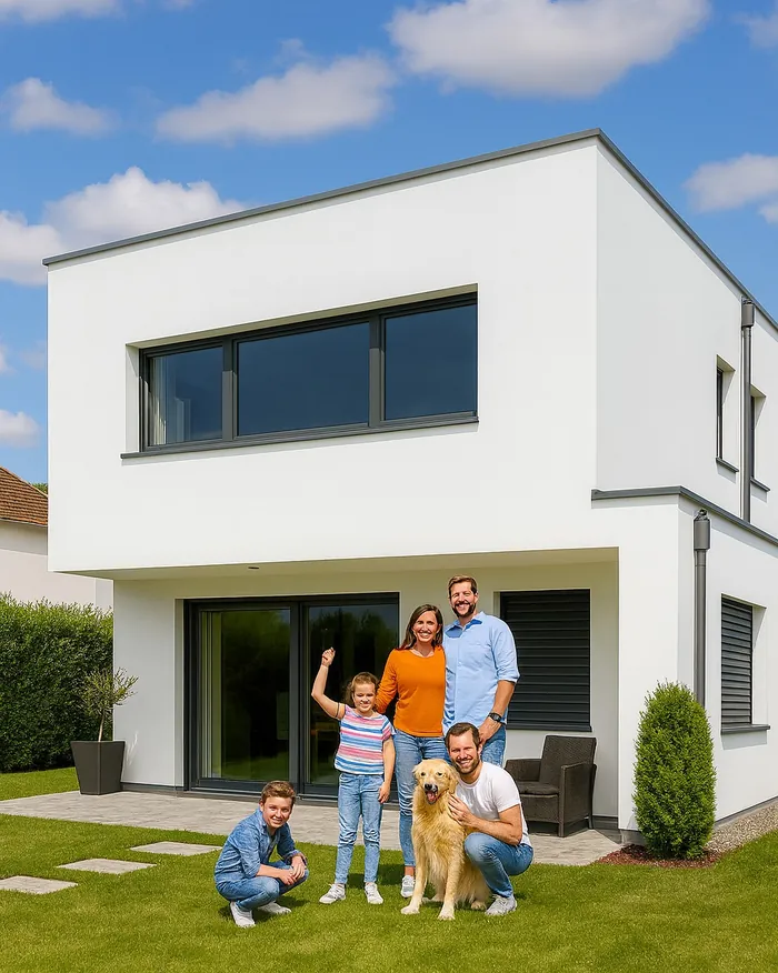 Dasselbe Einfamilienhaus mit strahlend weißer Fassade nach der Reinigung