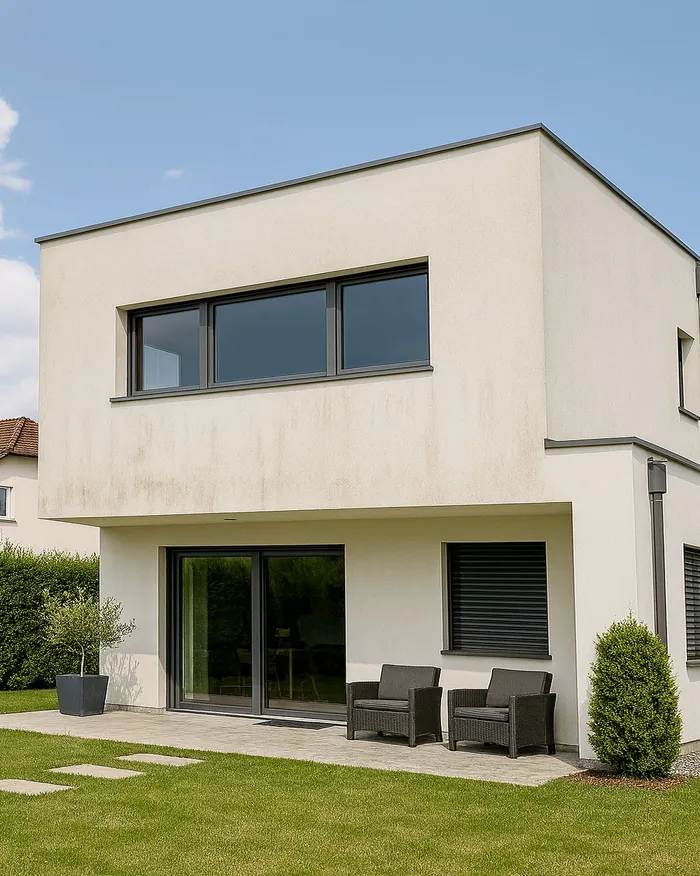 Einfamilienhaus mit grau verschmutzter Putzfassade vor der Reinigung