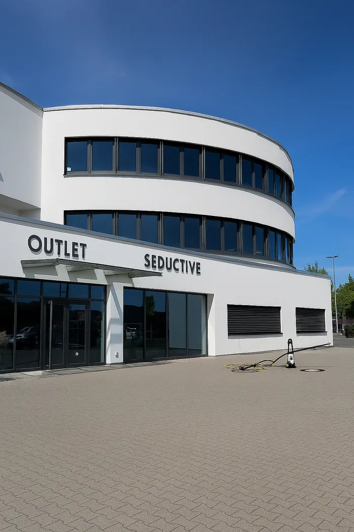 Dasselbe Gewerbegebäude mit heller, sauberer Fassade nach der Reinigung