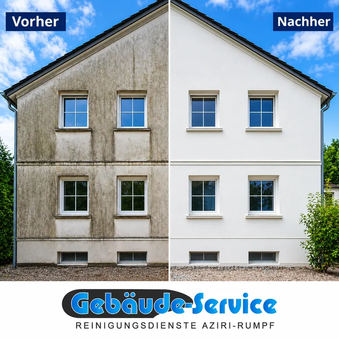 Vorher-Nachher-Vergleich einer Hausfassade mit dem Logo von Gebäude-Service Aziri-Rumpf