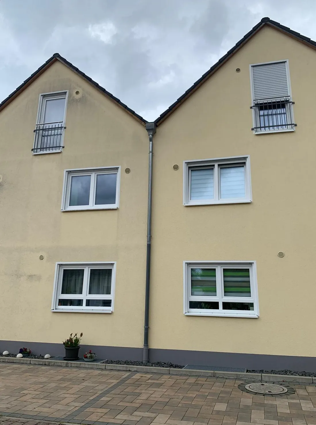 Dasselbe Doppelhaus vor der Reinigung mit grünlich-grauen Ablaufspuren auf der Fassade
